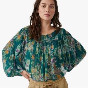 NWT Free People Up For Anything Blouse in Emerald Combo Color